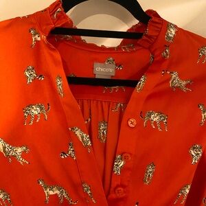 Chico’s Cheetah blouse with ruffle collar Bohemian styling orange blouse NEW